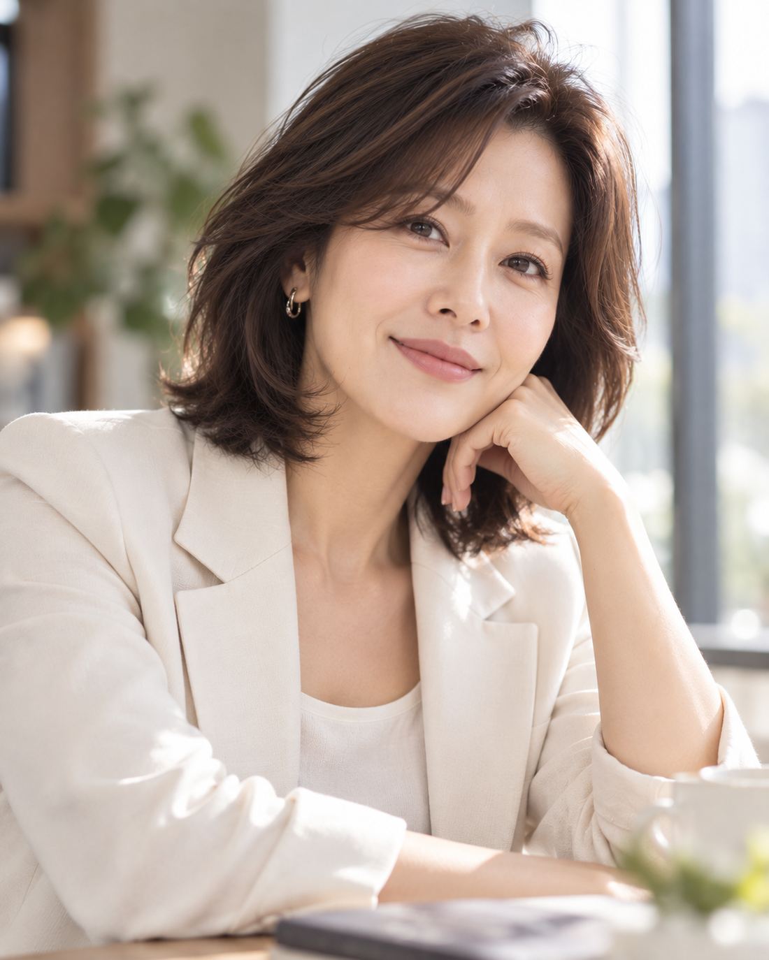 베이지 재킷을 입은 40대 여성의 화사한 헤어스타일