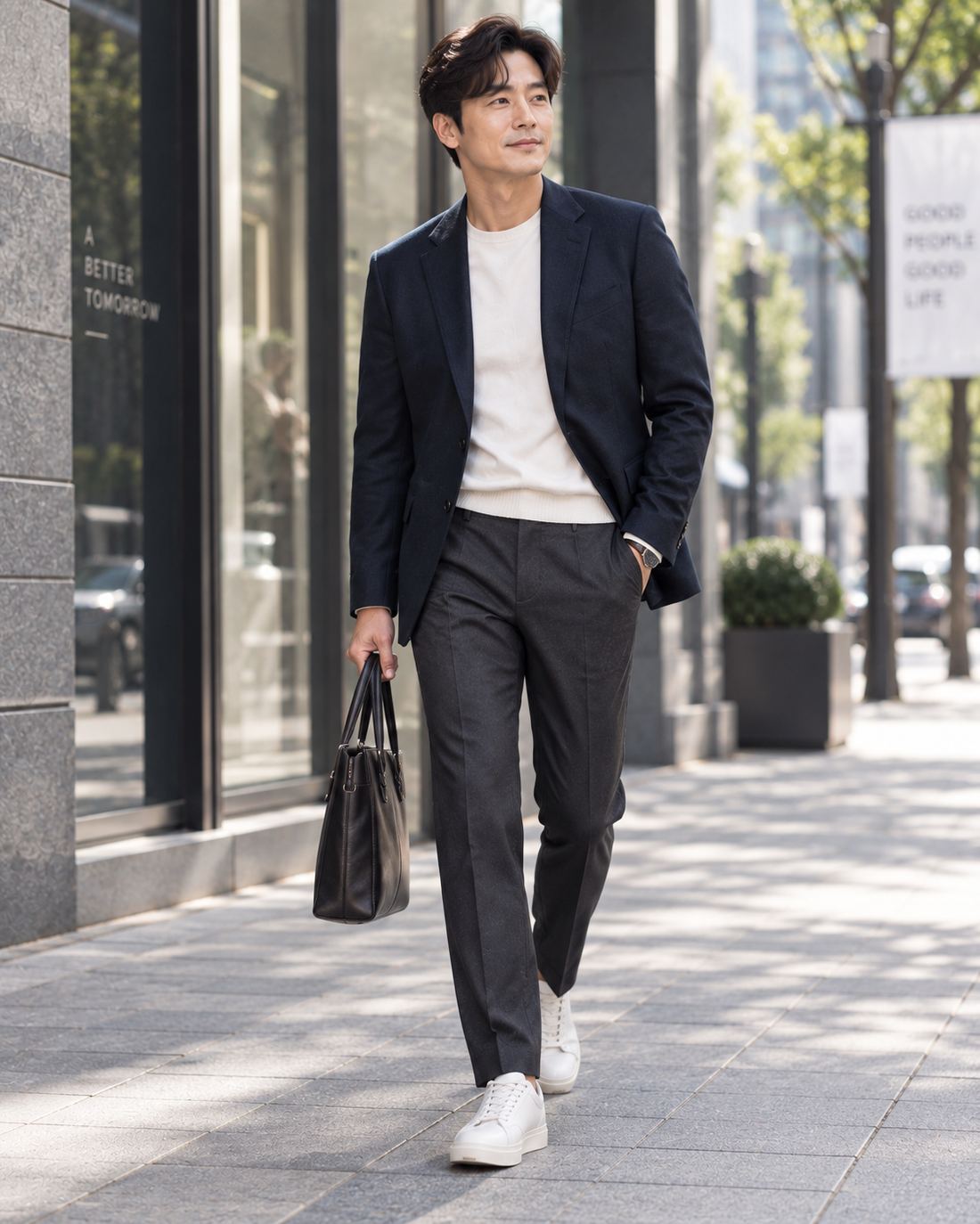거리에서 스타일리시하게 코디한 40대 남성