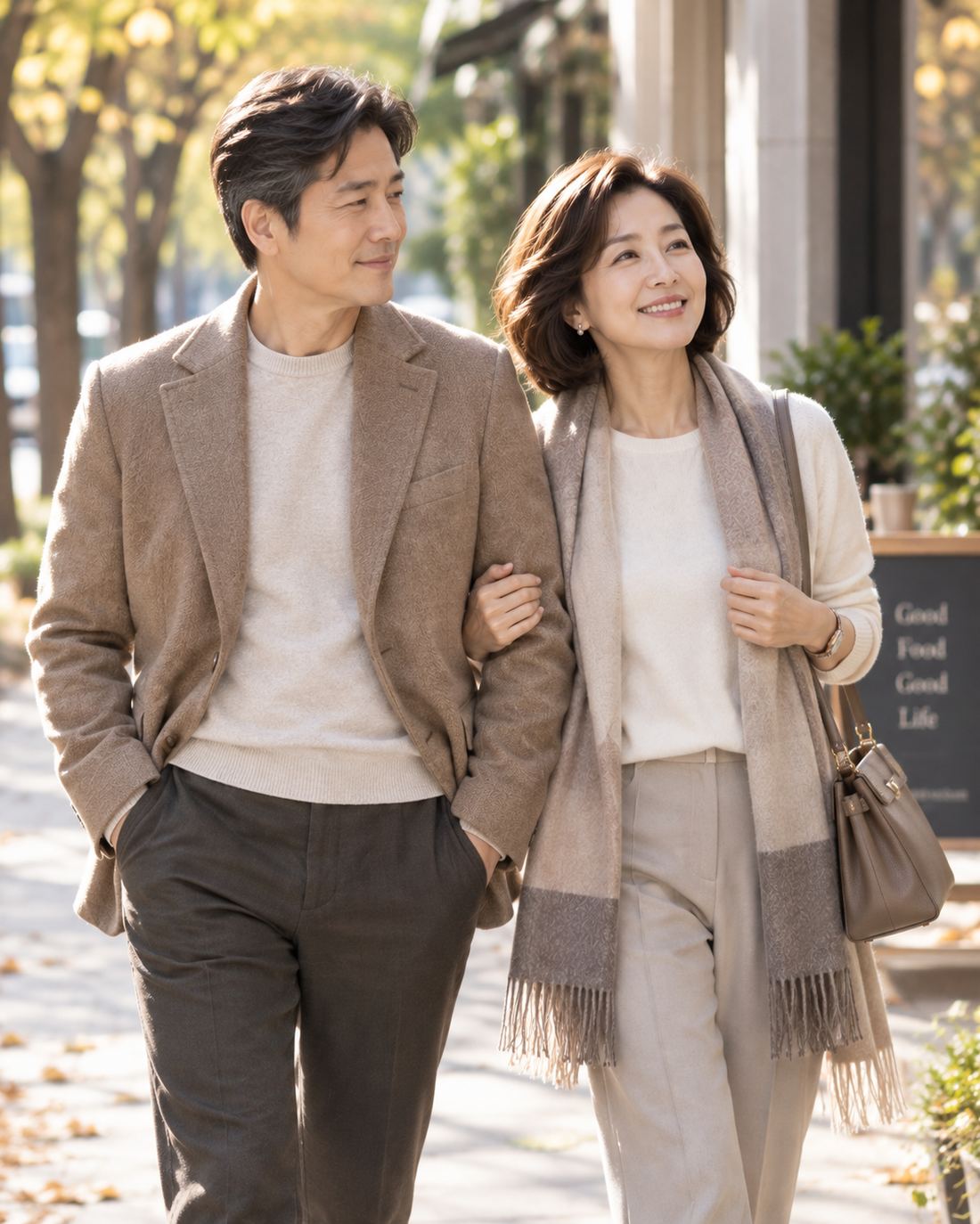 거리를 걷는 데이트 커플의 코디
