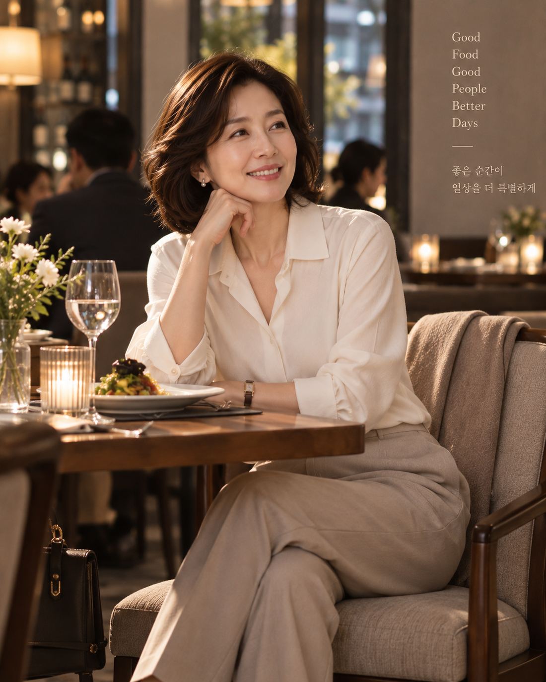 레스토랑에서 블라우스를 입은 여성