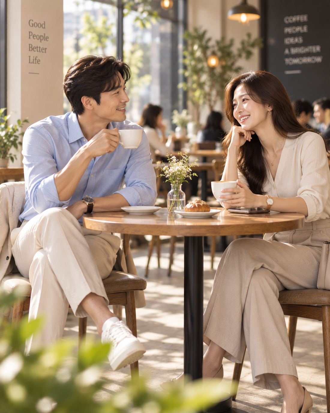 카페에서 즐겁게 대화하는 소개팅 커플