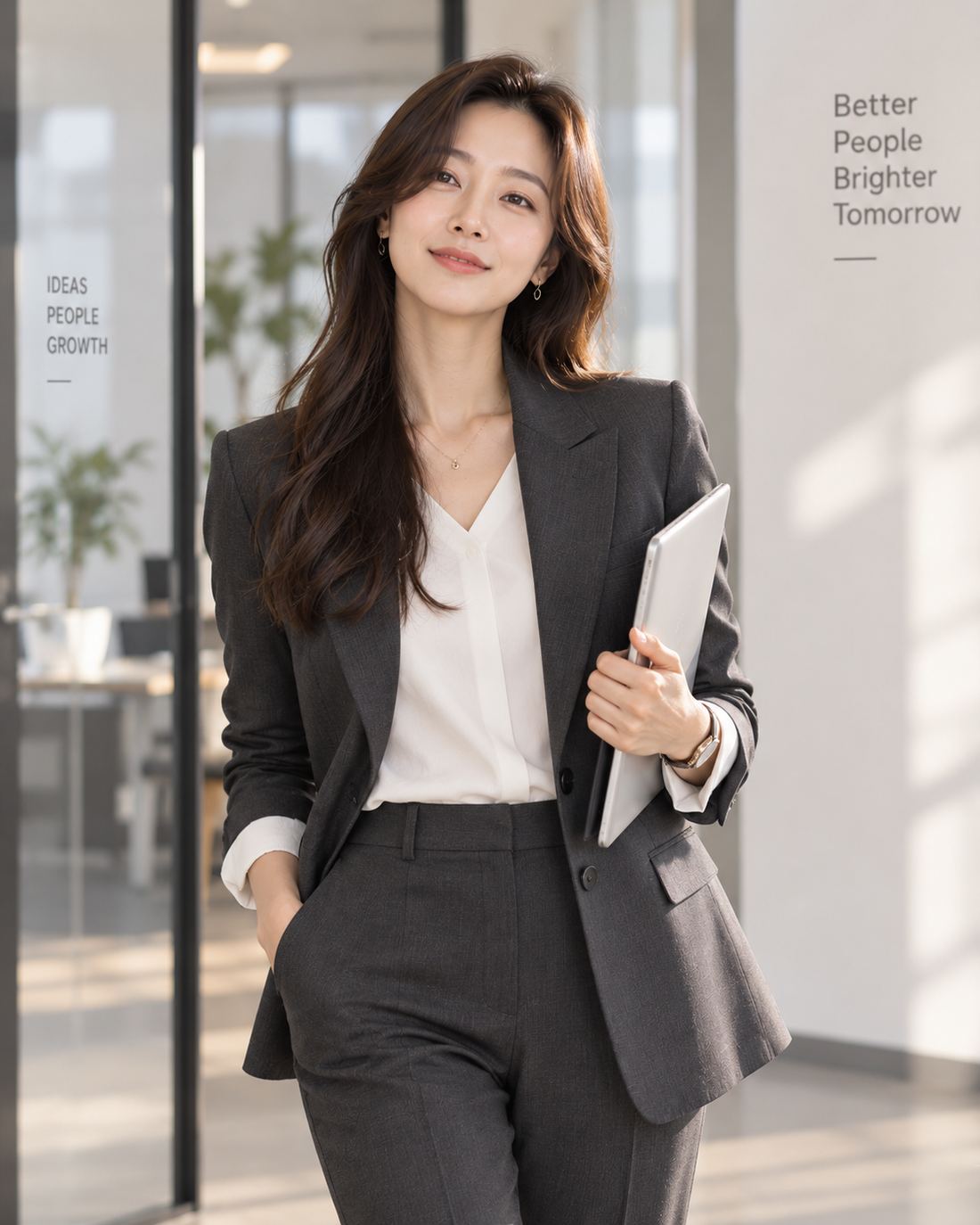 차콜 정장을 입은 여성의 면접 복장