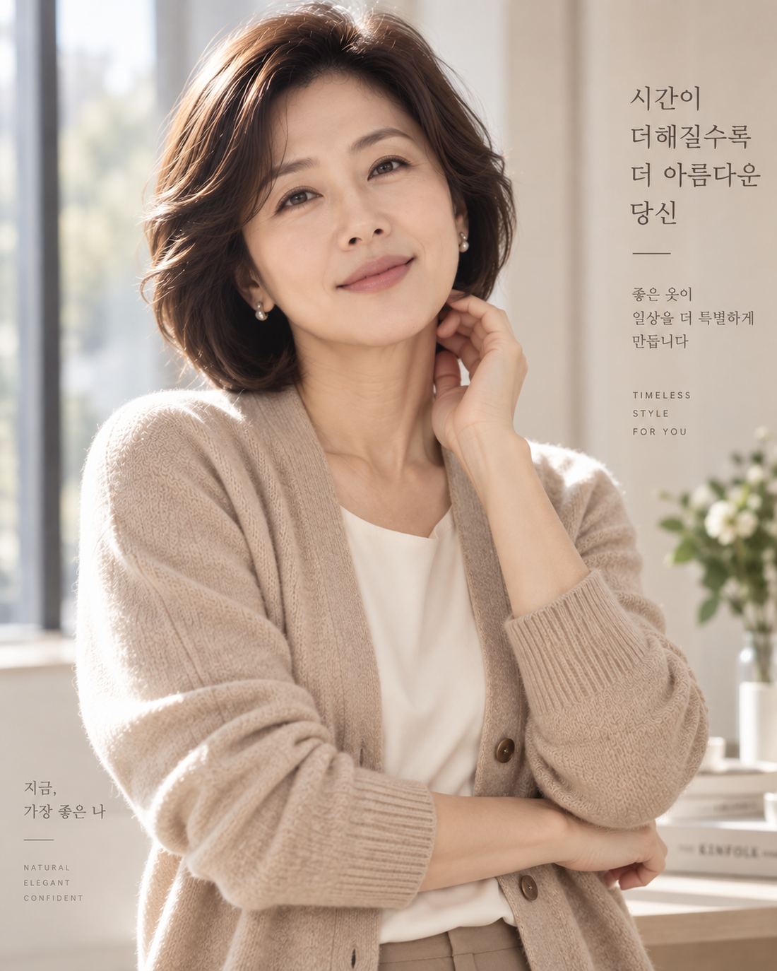 베이지 카디건을 입은 중년 여성