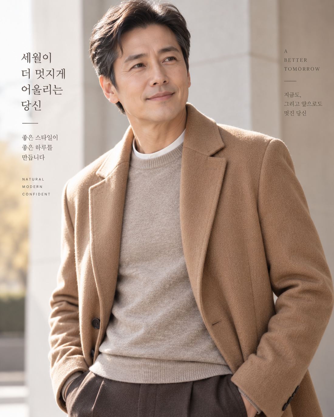 카멜 코트를 입은 중년 남성