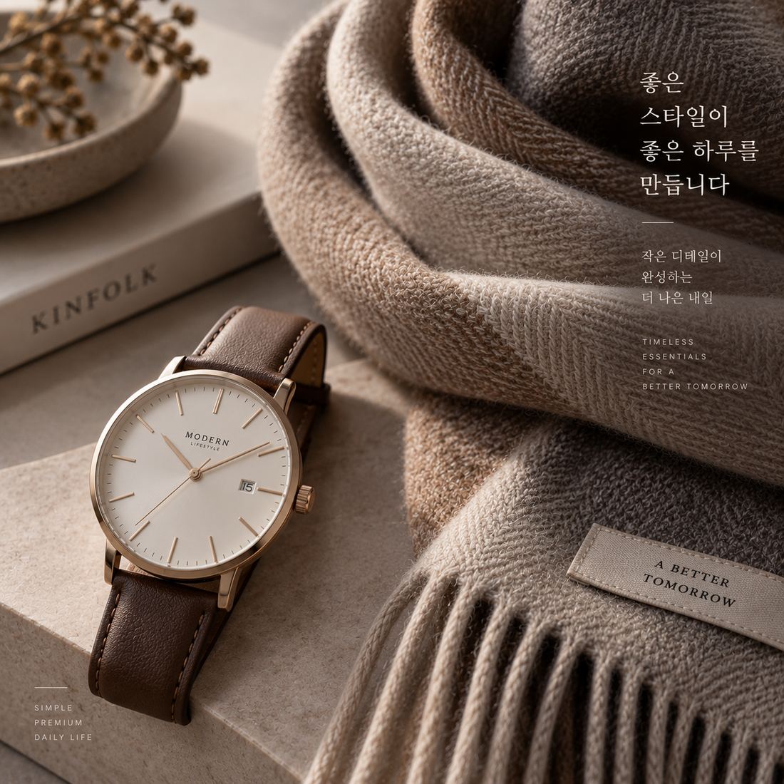 가죽 시계와 니트 스카프 디테일