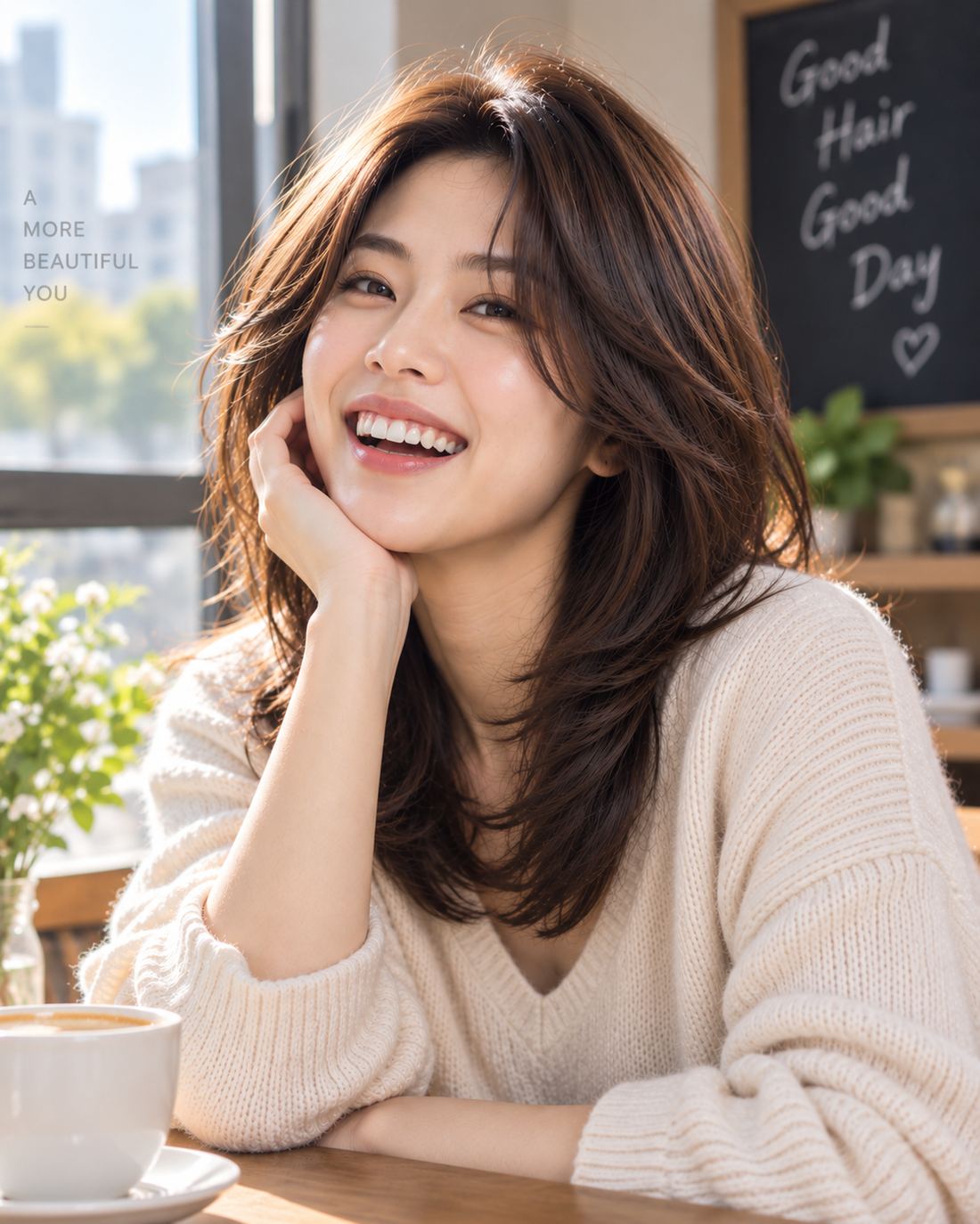 둥근 얼굴형에 어울리는 레이어드 헤어스타일을 한 여성