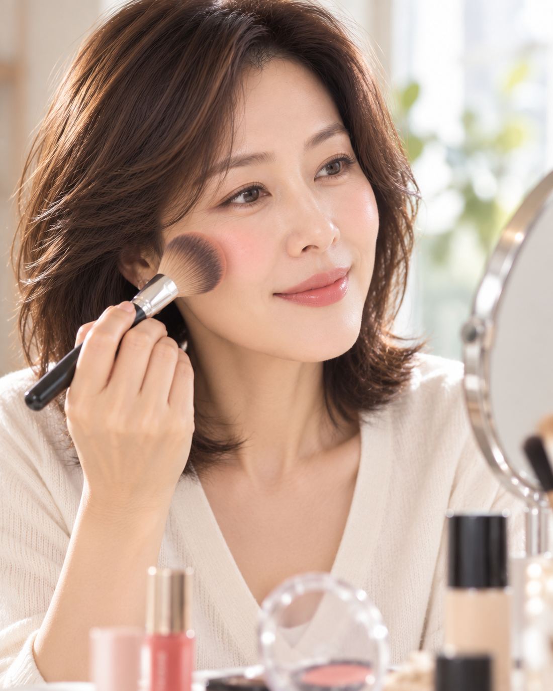 블러셔를 바르는 여성의 메이크업 루틴